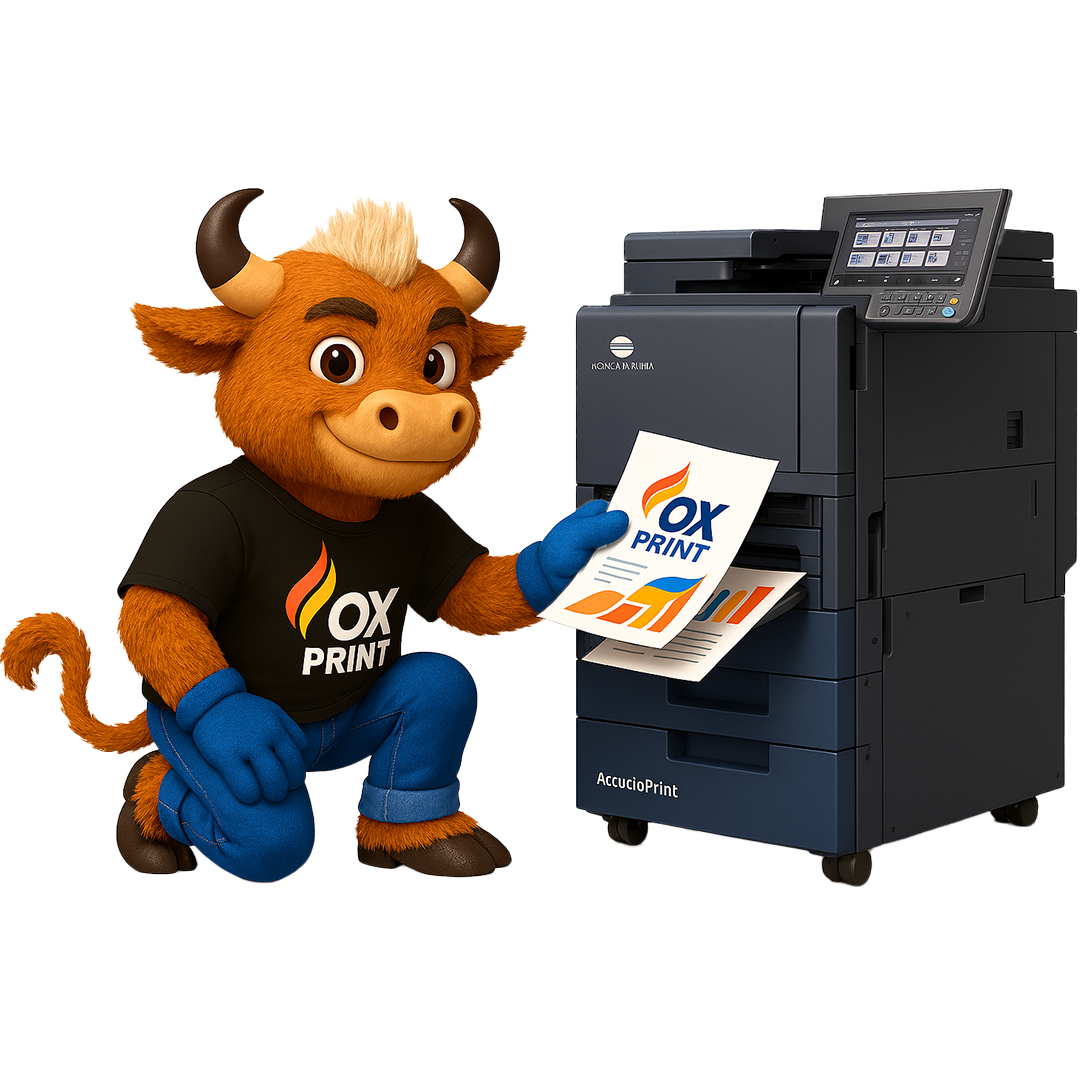 Mascote da OxPrint ao lado da impressora de produção